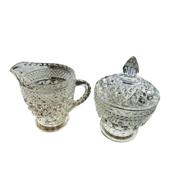 Anchor Hocking Wexford Crystal Clear Cut Glass Cream & Sugar Set Vintage - Picture 10 of 16